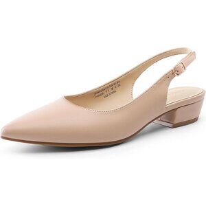 🆕Women Sling back Heel Pointed Closed Toe Low Block Pump Nude Faux Leather Part